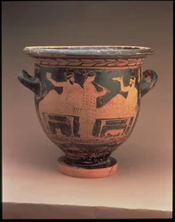 Attisch rotfiguriger Glockenkrater, dekoriert mit einer Symposionszene von zwei liegenden Figuren und einem stehenden Flötenspieler, griechisch, ca. 440-430 v. Chr.