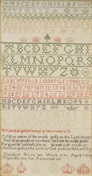 Bandsampler mit Alphabet, Zahlen und einem Vers, gearbeitet von Elizabeth Howe