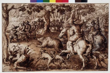 Bärenjagd. Zeichnung von Giovanni Stradano (Jan Van Der Straet) (Johannes Stradanus) (1523-1605). Florenz, Gabinetto dei Disegni e delle Stampe degli Uffizi (Uffizien). GDSU 2343 F