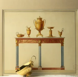 Buffet und Teeservice auf einem Aquarell von Architekt Charles Percier