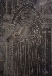 Kathedralsammlung. Fragment einer Steinplatte. Basrelief. Ein Kirchenbeamter. Ursprungsort Kirche (Saint-Quentin von Tournai. Ende 13. Jahrhundert.