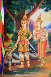 Deckenmalerei, die das Leben Buddhas darstellt. Wat Si Sou Mang Karam Tempel. Vieng Vang, Laos