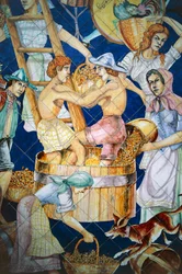 Keramikfliesenpaneel, das die Ernte darstellt, Vietri sul Mare, Kampanien, Italien, Detail