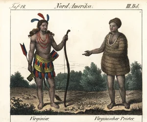 Kostüm der Powhatan-Indianer von Virginia (USA): ein Krieger und ein Priester von Secota. Lithografie für das Buch: „Galerie complète en tableaux fidèles des peuples d