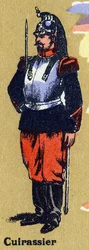 Kürassier in Soldatenuniform. Illustriertes Alphabet. Imageries reunited in Jarville-Nancy, Anfang des 20. Jahrhunderts. Lithografie auf bistre Hintergrund