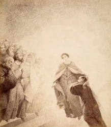 Dante hält sich die Ohren zu, überwältigt von den Schreien des Zorns der Geister entlang der Leiter. Illustration von Canto XVI in Paradiso der Göttlichen Komödie von Dante Alighieri. Werk von Francesco Scaramuzza, gewidmet der Gemeinde Florenz.
