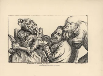 Zahnarzt lacht, während er mit einer Zange einen schlechten Zahn aus dem Mund einer alten Frau zieht. Kupferstich nach einer satirischen Illustration von Timothy Bobbin (John Collier) aus Human Passions Delineated, John Haywood, Manchester.