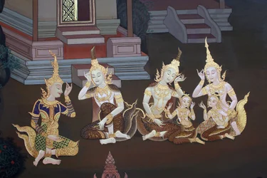 Detail eines Wandgemäldes im Uposatha (Schreinhalle) des Buddhapadipa-Tempels, Wimbledon, Großbritannien