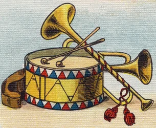 Trommel und Trompete. Gravur in "Alphabet de ma petite fille". Bernardin-Bechet und Fils, Buchhändler-Verleger, Paris, um 1895. Unzerbrechliches Album auf Leinwand. Bibliotheque des Bebes. 12 Seiten. Album mit einer Lesemethode und einem illustrierten Abec