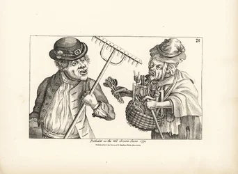Betrunkener Bauer Jones kauft den gesamten Bestand an Holzwerkzeugen von der alten schielenden Nan. Kupferstich nach einer satirischen Illustration von Timothy Bobbin (John Collier) aus Human Passions Delineated, John Haywood, Manchester.