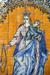 Evora Museum. Azulejos. Heiliger Dominikus empfängt den Rosenkranz von der Jungfrau. Portugal.