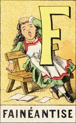 F: Faulheit - Gravur aus ABCD der kleinen Mädchen. Pellerin & Cie, Drucker-Verleger, Epinal, um 1890. Serie A. Maße: 19 x 13,5 cm