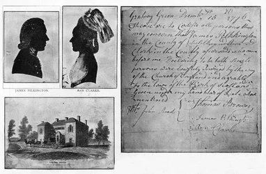 Faksimile einer Gretna Green Heiratsurkunde mit Porträts des Paares, James Pilkington und Ann Clarke, verheiratet am 16. Dezember