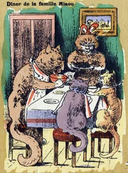 Familienessen miauen. Illustriertes Alphabet. Bildereien vereint in Jarville-Nancy, Anfang des 20. Jahrhunderts. Dim: 40 x 29 cm. Lithographie auf bistre Hintergrund
