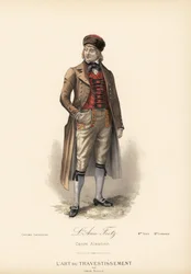 Faschingskostüm Elsässisches Kostüm für den Ami Fritz (Charakter Fritz Kobus aus dem Roman von Erckmann-Chatrian). Reitmantel, Kaschmirweste, Hosen und Pelzmütze. Handkolorierte Lithographie nach einem Entwurf von Leon Sault aus L
