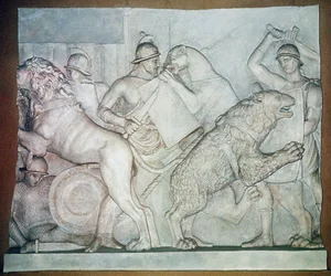 Kampf zwischen Tieren und Gladiatoren, Basrelief, Villa Torlonia, Rom