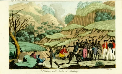 Französische Entdecker zeichnen Einheimische auf der Insel Ombai (Ombay), Indonesien
