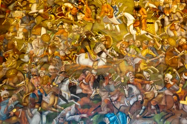 Fresko; Schlacht von Tschaldiran gegen die Osmanen unter Sultan Selim I.; 1514; Tschehel Sotun; Palast der vierzig Säulen; Isfahan; Iran; Asien