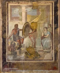 Fresko, das Thetis in der Werkstatt des Hephaistos darstellt, wie sie Rüstung für Achilles bestellt