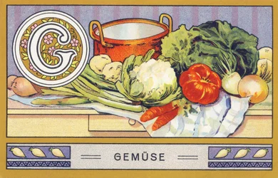 G: Gemüse - Alphabet Palmin. Serie von Chromolithographien herausgegeben von H. Schlinck & Cie, Hamburg. Werbung für Palmin feinstes Kokosfett.
