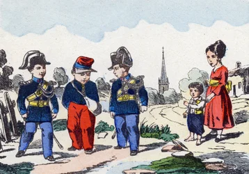 Gendarmen. Gravur in "Alphabet militaire enfantin". Bildgebung von Pont-a-Mousson, um 1890. 20 Seiten.
