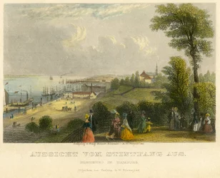 Hamburg, Elbhoehe, Blick vom Stintfang auf die Elbe, altkolorierter Stahlstich von A. H. Payne, Leipzig, veröffentlicht von G. W. Niemeyer, um 1850
