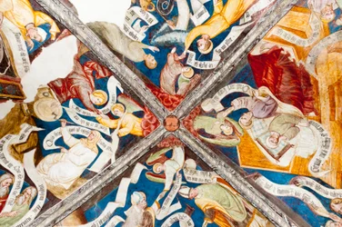 Gotisches Fresko; Lob der Tugend; Tadel des Lasters; mit Schrift; 10. Kreuzgang; Kathedrale; Brixen; Südtirol; Italien; Europa