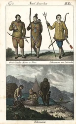Grönländer in Fellen und ein Inuit aus Labrador (Kanada) mit einem Dreizack. Unten eine Alltagsszene des Inuit-Familienlebens vor einem Iglu, einem Zelt und einem Kanu, Nordamerika. Lithographie aus dem Buch: „Galerie complète en tableaux fidèles des