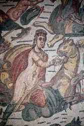 Halle von Arion. Meereszene. Meereskreaturen. Nereiden und Tritonen. 3. - 4. Jahrhundert. Römische Villa del Casale, Sizilien. UNESCO-Stätte.