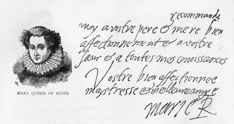 Handschrift und Unterschrift von Maria Stuart aus einem Brief, geschrieben im Gefängnis in Sheffield, an ihre Patentochter Elizabeth Pierrepoint