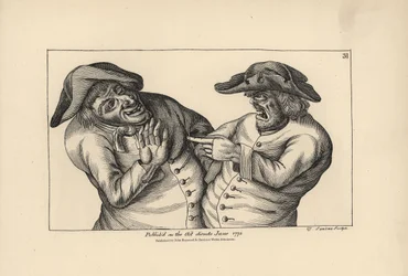 Hodge und Roaf beschuldigen sich gegenseitig, einen Topf Urin anstelle eines Krugs Bier stehen gelassen zu haben. Kupferstich von Thomas Sanders nach einer satirischen Illustration von Timothy Bobbin (John Collier) aus Human Passions Delineated, John Haywo