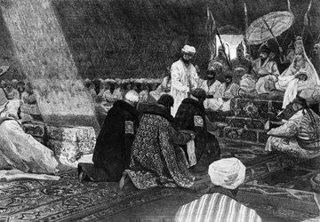 In den Tagen der Goldenen Horde, Darstellung von Russen, die den tatarischen Herrschern im 14. Jahrhundert Tribut zollen, nach einem Gemälde von A. F. Maximov