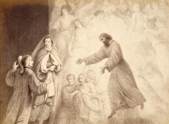 Im Mars-Sphäre trifft Dante den Geist seines Vorfahren Cacciaguida. Illustration von Canto XV in Paradiso der Göttlichen Komödie von Dante Alighieri. Werk von Francesco Scaramuzza, gewidmet der Gemeinde Florenz.