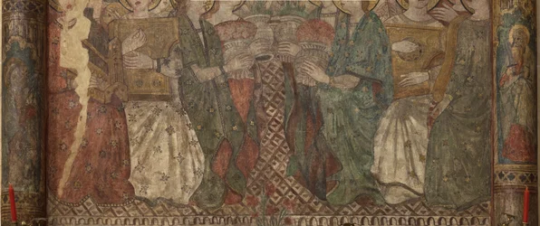 Innenraum. Nordquerhaus. Altar (Altar der Wandmalereien). Original aus der Hauptkapelle. Wandmalereien (Fresko?). (Detail) Ende 14. Jahrhundert