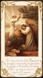 Jesus kniet im Gebet im Garten Gethsemane, ein Engel reicht ihm einen Kelch. Frühes 20. Jahrhundert (Postkarte)
