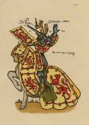 König von Schottland, mit Löwenbanner und Helmzier