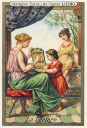 Das Lesen. Eine sitzende junge Frau zeigt zwei stehenden Mädchen ein Werbeschild von Liebig. Chromolithographische Werbung, Liebig