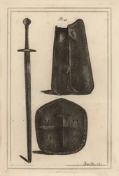 Große Brustplatte oder Kürass, Schild in der Mitte durchbohrt und zweihändiges Schwert, das alles dem Grafen von Warwick gehörte