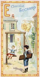Buchstabe E: Schule, Kinder, Schaukel, Abzeichen, Schild, Eingang, Leiter, Schuljunge. Gravur des Alphabets herausgegeben von Chocolat Suchard, Anfang des 20. Jahrhunderts. 24 Chromolithografien.