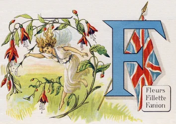 Buchstabe F: Blumen, Mädchen, Wimpel (Illustration aus „ABC L