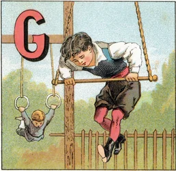 Buchstabe G für Gymnastik. Gravur im "Alphabet der kleinen Schüler"