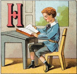 Buchstabe H als Geschichte Frankreichs. Gravur in "Alphabet des kleinen Schülers". Imaging von Epinal, ca. 1885.