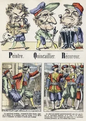 Buchstaben P, Q und R: Maler, Eisenwaren und Wiederverwerter. Alphabet des orientalischen Märchens. Epinal-Bildgebung, um 1890. Beliebte Serie. Kleines Heft mit 8 Seiten.
