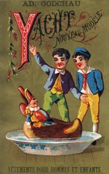 Buchstabe Y: Yacht neues Modell. Gravur in "Alphabet des grotesques". Serie von 25 Werbechromolithographien auf goldenem Hintergrund, Ende des 19. Jahrhunderts.