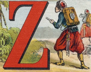Buchstabe Z: Zouave. Gravur in "Alphabet de ma petite fille". Bernardin-Bechet und Fils, Buchhändler-Verleger, Paris, um 1895. Unzerbrechliches Album auf Leinwand. Bibliotheque des Bebes. 12 Seiten. Album mit einer Lesemethode und einem illustrierten Abece