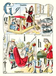 Buchstaben G, I und H. Kinder spielen Gondel, Kaiserin und Mundharmonika. Gravur in „Spaßalphabet“. Bild von Pont-à-Mousson. Druck und Verlag Louis Vagne, Ende des 19. Jahrhunderts