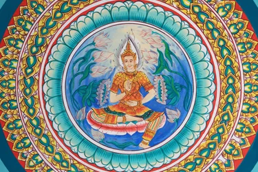 Leben Buddhas. Deckenmalerei, die das Leben Buddhas darstellt. Wat Inpeng. Vientiane, Laos