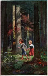 Literatur. Märchen. Hänsel und Gretel verirren sich im Wald. Illustration von Otto Kubel zum Märchen der Brüder Grimm. Postkarte, Deutschland, ca. 1900.