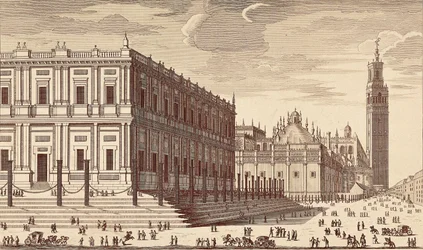 Lonja de Comercio und Teilansicht der Kathedrale von Sevilla. Gravur. Spanien. Madrid. Nationalbibliothek