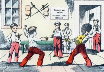 Waffenmeister. Gravur in "Alphabet militaire enfantin". Bildgebung von Pont-a-Mousson, um 1890. 20 Seiten.